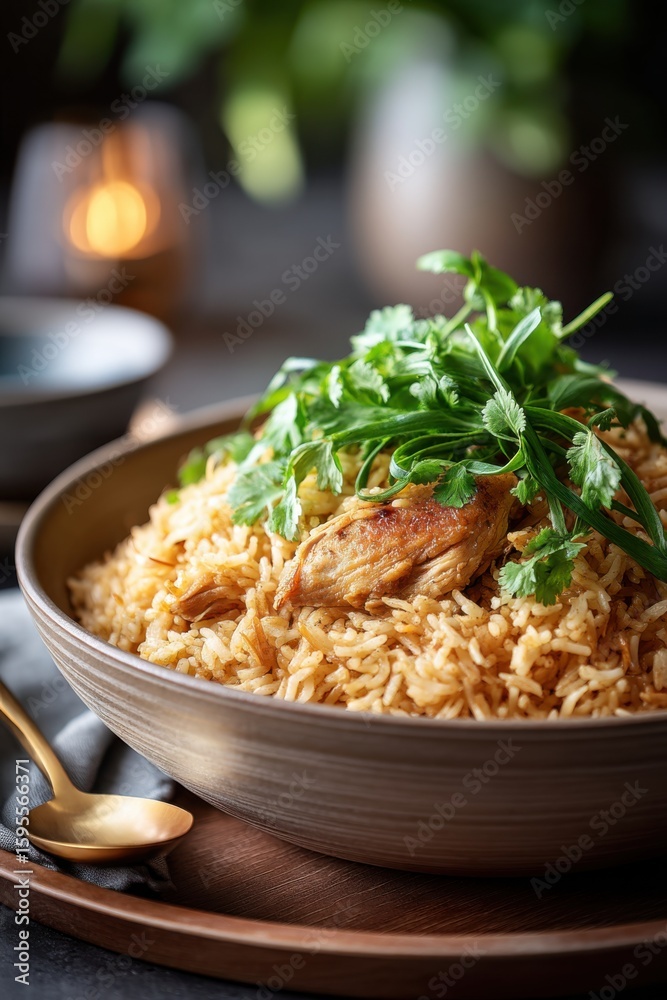 Delicious spiced rice bi djaj with succulent chicken and fresh herbs served in a large dish Delicious spiced rice bi djaj with succulent chicken and fresh herbs served in a large dish