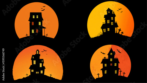 Four haunted houses stand silhouetted against a full moon, evoking spooky Halloween vibes.