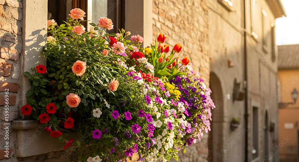 Fototapeta premium Window box overflowing with colorful flowers on a brick building in a european town setting view ai genrated