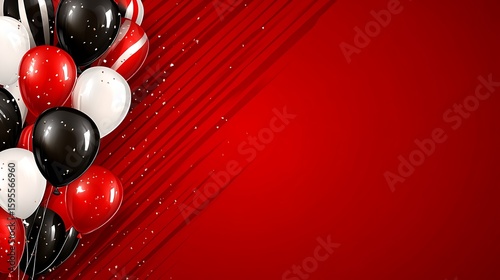 Festive red background with black and white balloons.