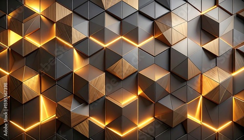 Abstract geometric wall design with golden light