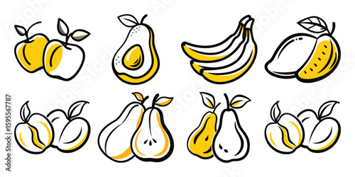 Collection of popular fast food and drink items hand drawn in a cartoonish style isolated on white background