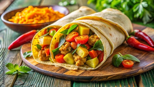 Surinamese Roti with Chicken
Curried chicken and vegetables with flat roti wrap, vibrant spices, colorful Surinamese background.