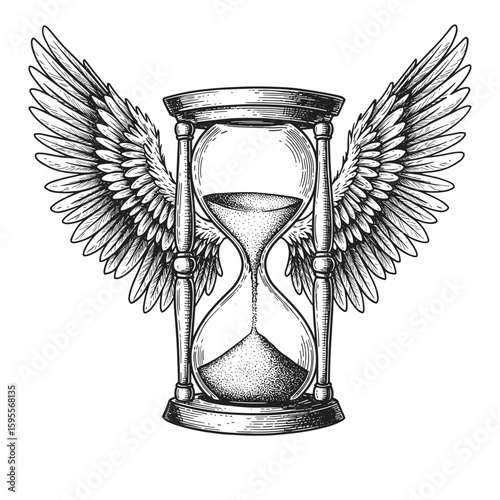 Biohacking hourglass with wings – symbolizing longevity and fleeting time, vintage black and white sketch vector illustration

