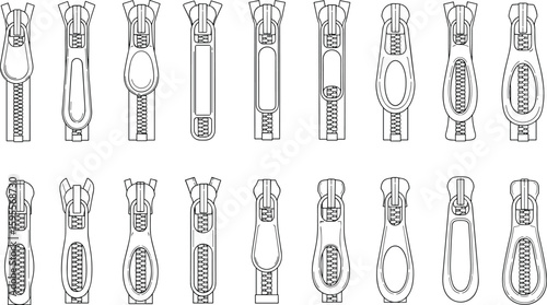 Zipper puller vector set, zipper slider styles, technical flat drawing, fashion hardware illustration, CAD zipper template, garment accessory design, clothing zip pull
