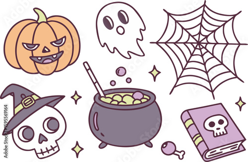 Cute Halloween icons including pumpkin ghost cauldron spiderweb skull and spellbook vector