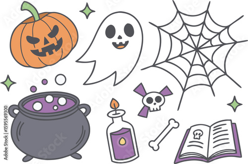 Halloween icons including pumpkin ghost cauldron spiderweb and potion jack o lantern