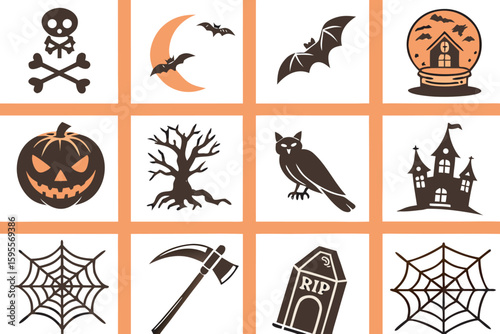 Halloween Icons Collection Skull Bats Pumpkin Owl Haunted House Scythe Tombstone vector
