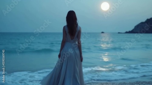 Serene Moonlight Gaze: Woman by the Ocean at Night