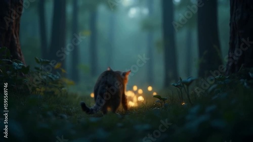 Enchanted Forest Wanderer: A Cat Among Fireflies