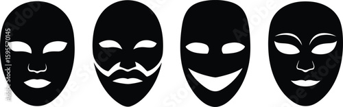 Collection of diverse mask silhouettes representing various facial coverings and disguises isolated on white background silhouette