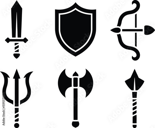 Collection of distinctive black filled silhouette icons representing six diverse mythological creatures isolated on white background