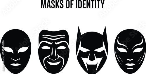 Collection of diverse mask silhouettes representing various disguises and anonymity concepts isolated on white background