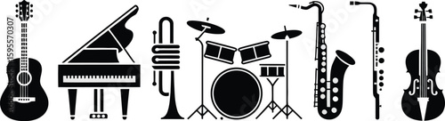 Collection of musical instrument silhouettes and symbols for music design isolated on white background