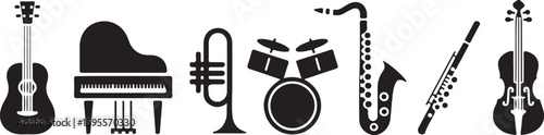 Collection of musical instrument and sound element icons representing various genres and activities isolated on white background silhouette