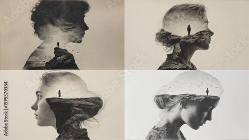 Four portraits showcase double exposure art with women, cliffs, and birds in monochrome.