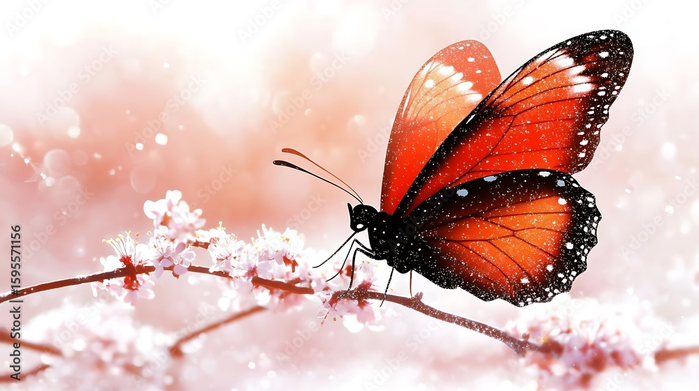 Obraz premium A butterfly rests delicately on a branch of flowering trees.