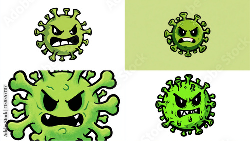 Cartoon coronavirus cells show an angry expression, with spiky projections and vibrant green color.