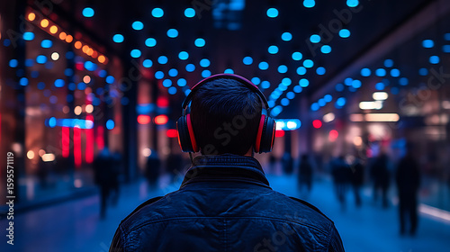 Urban Nightlife Man Listening to Music with Headphones in a Cityscape
