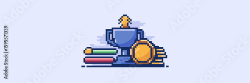 Vector game elements with gold trophy, health bar, and mixed size coins