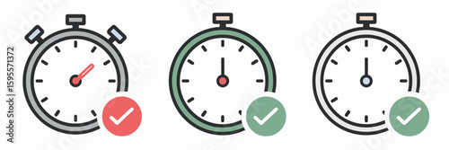 Stopwatch and countdown timer vector icons with checkmarks – Great for tracking tools, progress dashboards, or time management apps.