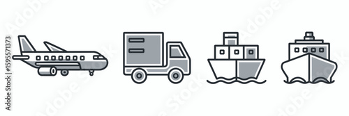 Vector icons of airplane, truck, and cargo ship for logistics