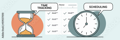 Vector illustration of hourglass and clock icons with speech bubbles and planner background – Ideal for time tracking platforms, scheduling tools, or productivity branding.