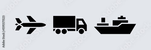 Travel and transport icons of airplane, truck, and ship in a row