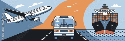 Air, land, and sea vehicle icons with blue-orange gradient background