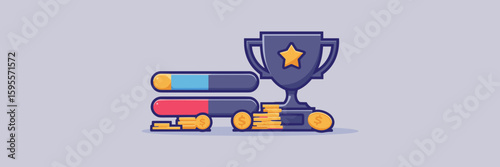 Gaming icons set with trophy, red and blue health bar, and assorted coins