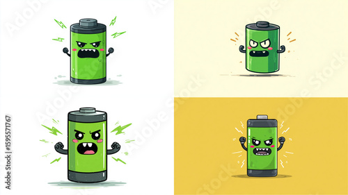 Cartoon battery character shows an angry expression, with energy bolts vibrant green, color.
