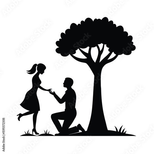 Romantic man proposing marriage under a large majestic tree silhouette