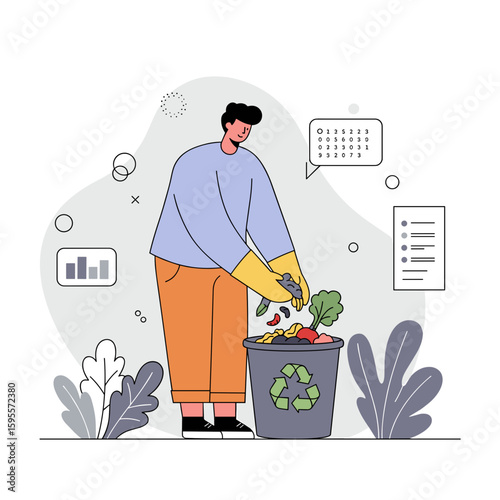 Man composting organic waste in recycling bin with plants around  