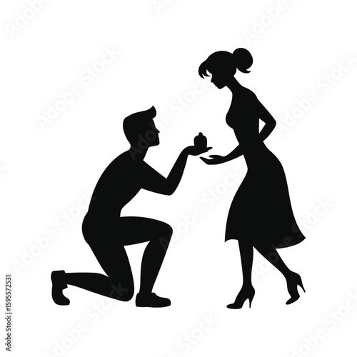 Silhouette of a woman proposing to her partner with ring