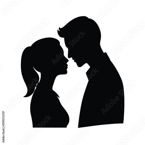 Romantic couple forehead to forehead black silhouette banner design