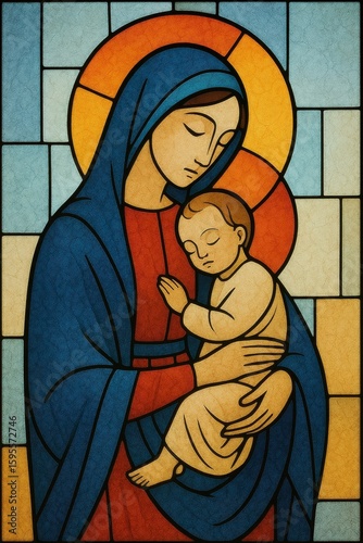 Holy Mary Holding Baby Jesus in Minimalist Stained Glass Style