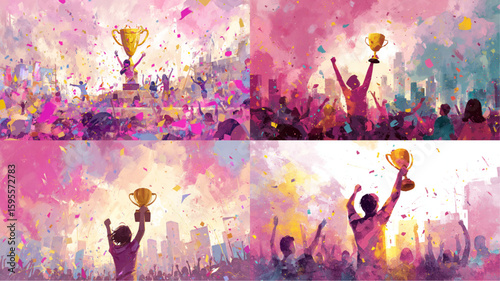 Celebrating victory with a golden trophy and confetti, a crowd cheers in a vibrant, colorful scene.