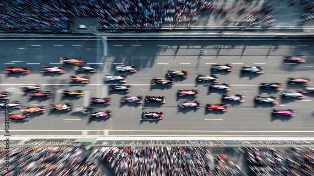 Fototapeta premium Formula 1 race in full speed, with cars racing down the track from above.