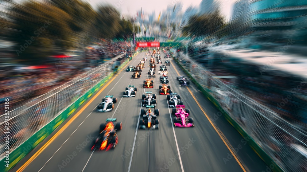 Obraz premium Formula 1 cars compete in a high-speed race on a city track, creating a blur of motion.