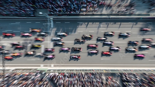 Formula 1 race in full speed, with cars racing down the track from above.