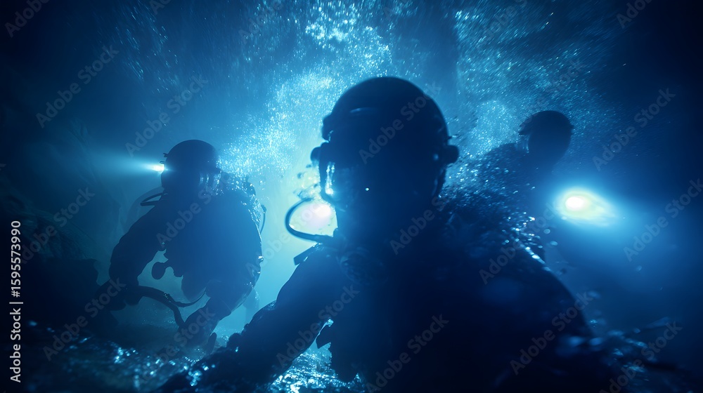 custom made wallpaper toronto digitalUnderwater divers explore a dark cave, their lights cutting through the blue water.