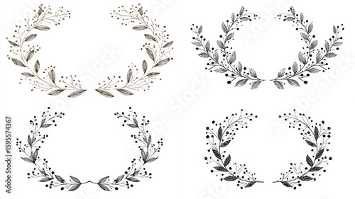 Four floral wreaths are displayed, featuring delicate leaves and berries in a hand-drawn style.