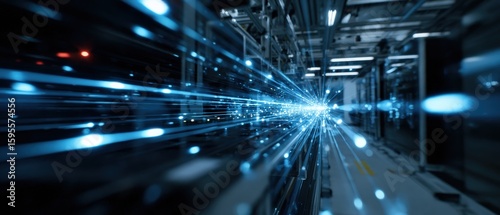 Futuristic data center with blue light trails, showcasing high speed data transfer and advanced technology infrastructure for cloud computing and artificial intelligence