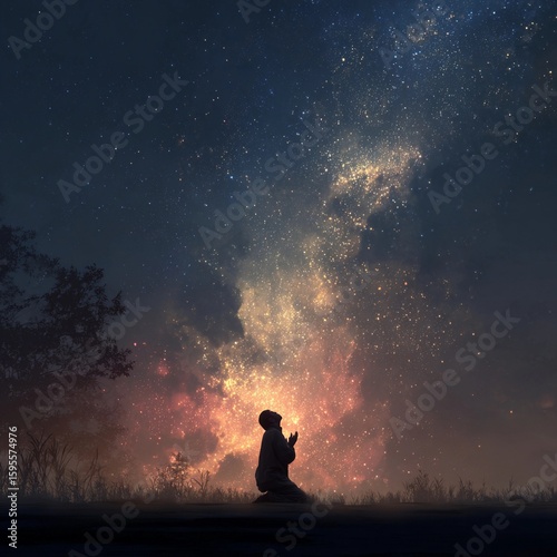 Person praying under a starry night sky, surrounded by shimmering constellations and cosmic beauty, creating a peaceful and reflective atmosphere