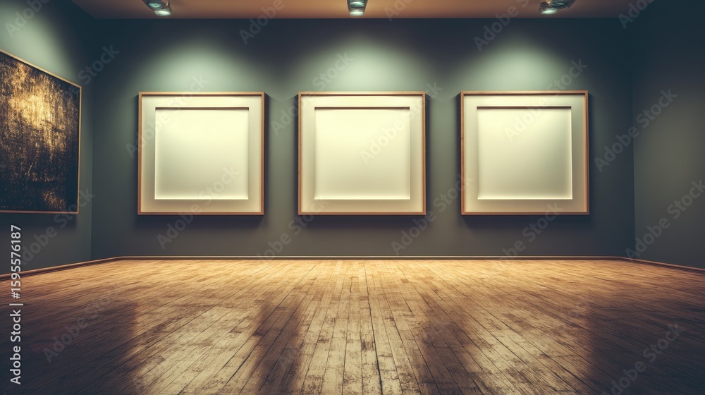 Empty gallery with three blank picture frames. Empty gallery with three blank picture frames.