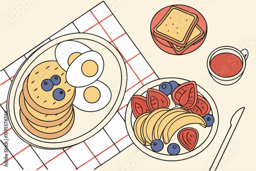 Delicious Breakfast Spread with Fruits and Eggs.