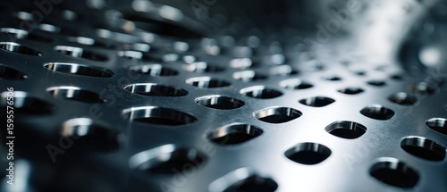 Abstract closeup of perforated metal sheet with oval holes, showcasing industrial design and texture for backgrounds and patterns