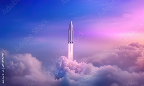 A rocket ascends through clouds into colorful atmospheric gradients during dusk