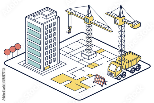 Construction Site with Cranes and Building.