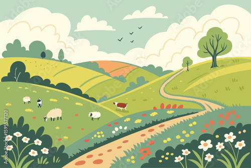 Idyllic Countryside Landscape with Sheep and Flowers.